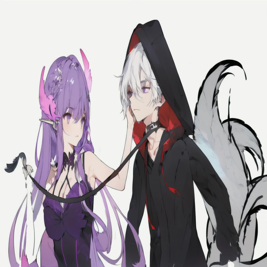 couple in white dress, dark masculine eyes and long white hair with wings, female purple eyes and short purple hair, inspired non halo art style, sky background, black feathers, Purple Blast, grainy texture, high qualiy, 8k