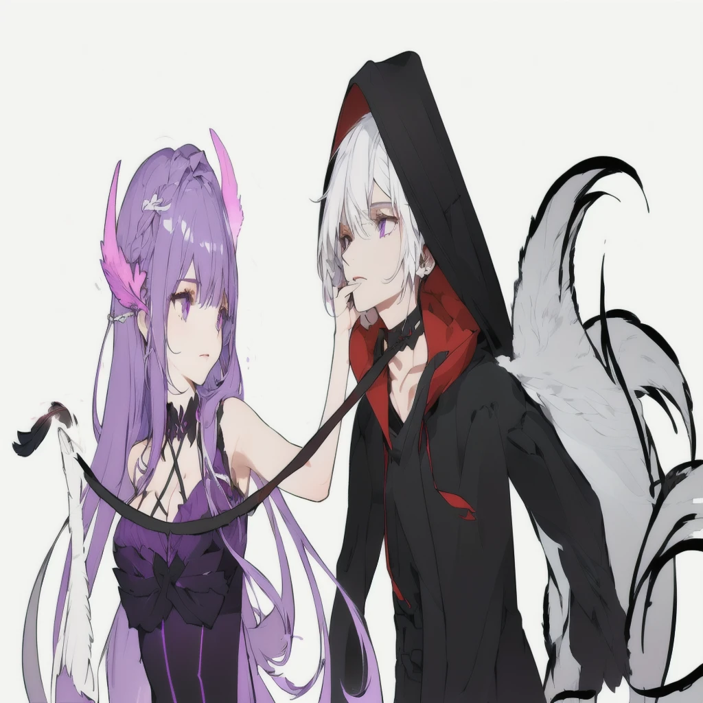 couple in white dress, dark masculine eyes and long white hair with wings, female purple eyes and short purple hair, inspired non halo art style, sky background, black feathers, Purple Blast, grainy texture, high qualiy, 8k