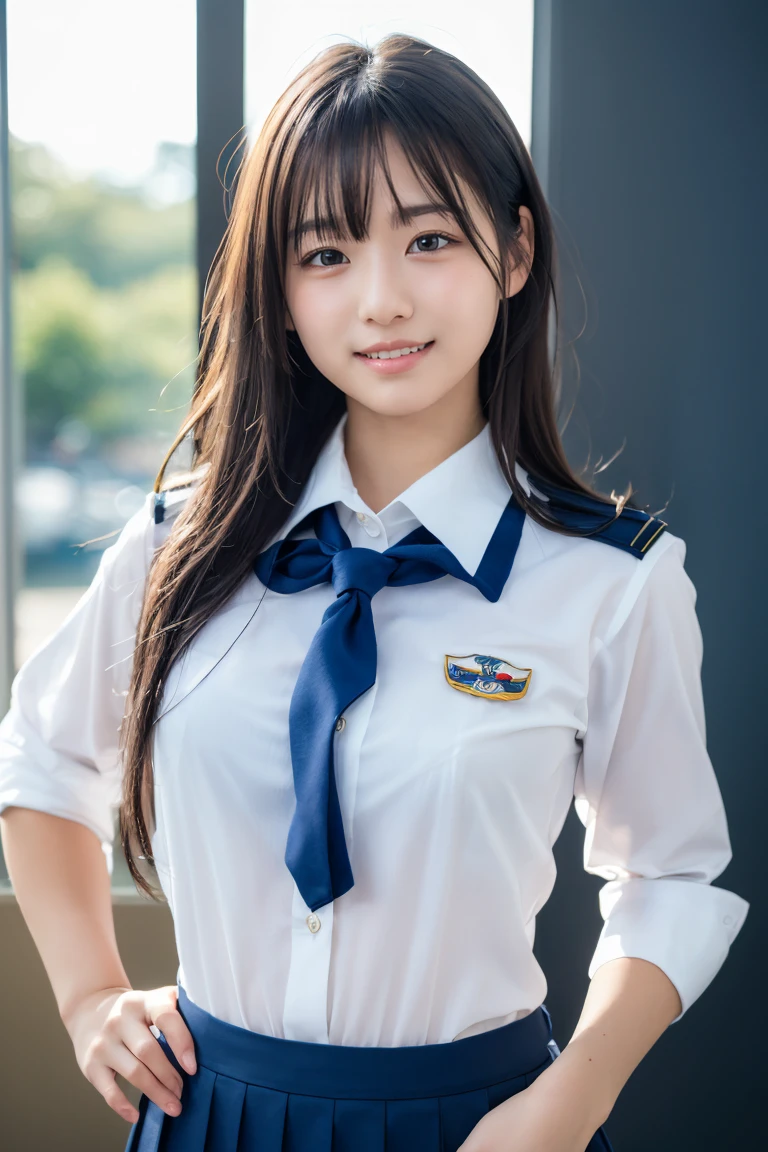 ((school uniform)),ribbon at neck,(school uniform and ((navy skirt)) and white shirt:1.1), Skin color, big , smile, (8k, RAW Photos, Highest quality, masterpiece:1.2), masterpiece, super detailed, super high quality, (Realistic and Realistic photography:1. 37), High-resolution RAW color photos, Very delicate and beautiful, highly detailed, 8k壁紙, wonderful, detailed, Very eye, very detailed, very detailed skin, very thin fingers, very detailed nose, very detailed mouth, Perfect Anatomy, Upper Body, studio, Soft lighting, A full-body shot of a cute idol wearing a one-piece swimsuit, Playful pose, Hands on hips, smile, Pastel Background, Realistic, Attention to detail, studio photography