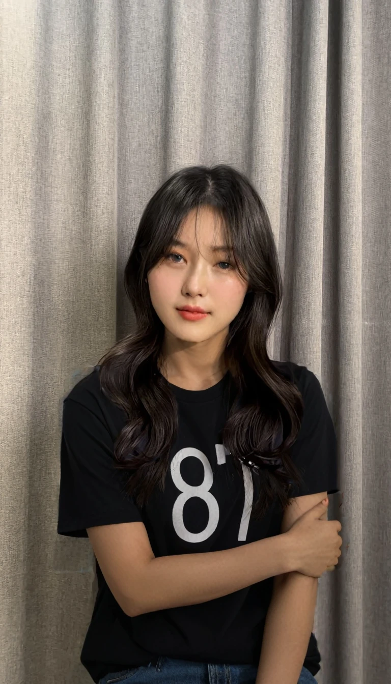 Best Quality, 8k, Masterpiece, (Portrait: 1.3), (photo realistic:1.4), (hyper realistic:1.4), Sharp Focus, looking at viewer, (smoother lighting:1.1), (increase cinematic lighting quality:0.9), realistic lighting, backlighting, light on face, ray trace, (brightening light:1.2), (Increase quality:1.4), sharp detail, (best quality real texture skin:1.4), finely detailed eyes, black_eyes, finely detailed face, 25 year old Korean woman, (white t-shirt:1.4), (Create an image maintaining the original base model hairstyle:1.5)