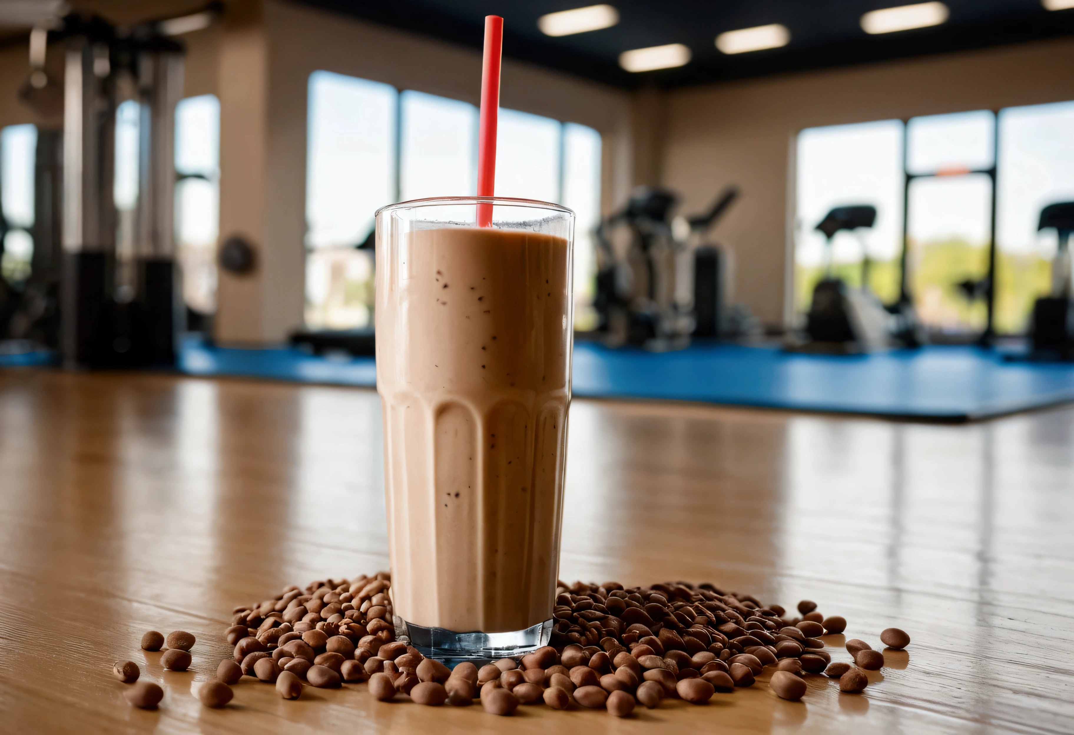 a picture of a protein drink on floor, gym in the background like in a commercial, gym out of focus
