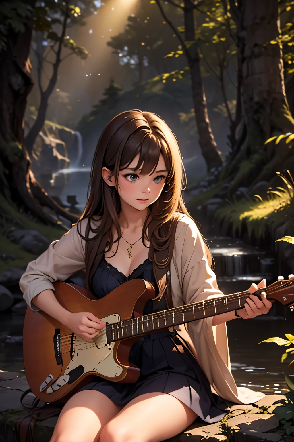 Create an awe-inspiring digital artwork that captures the serene beauty of an ancient forest at twilight. The scene should feature towering trees bathed in soft, golden light filtering through the foliage, casting gentle shadows on the lush undergrowth. a girl playing electric guitar,beautiful detailed eyes,beautiful detailed lips,extremely detailed eyes and face,longeyelashes,solo musician,electric guitar,rock music,stage performance,dramatic lighting,dark background,cinematic,photorealistic,studio lighting,8k,best quality,masterpiece,ultra-detailed,vibrant colors,dramatic shadows, The image should evoke a sense of tranquility and wonder, inviting viewers to immerse themselves in the enchanting realm of nature.