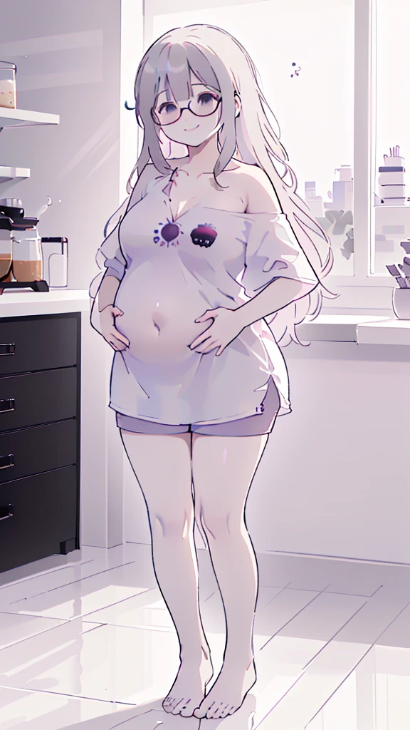 (Cafe Background:1.5), chair, (chair에 앉아 있는:1.5), window, (morning, sunlight:1.5), (Beautiful shades:1.5), (Holding the belly with both hands:1.5), (dynamic angle:1.5), [ 4k digital art ]!!,(big bust, prominent cleavage:1.5), (Black eyes with a slight purple tint:1.5), (a devastated expression, dead eyes, dark atmosphere:1.5), (white hair, long hair, weak perm:1.5), (oversized shirt, hot pants, :1.5), (bare foot, round-rimmed glasses:1.5), (Aegyo belly fat:1.5), (smiling faintly:1.5),(thin legs, thin:1.5)