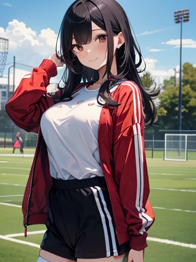 8k, masterpiece, Very detailed, Schoolyard、Sports fieldを走るBlack Hairの女子高生、Red tracksuit、,Black bloomers、 Sports field,Outdoor, Black Hair、Medium Long Hair、smile、Beautiful breasts,Big Breasts、Black Hairロングヘアー
