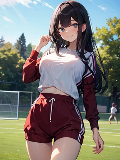 8k, masterpiece, Very detailed, Schoolyard、Sports fieldを走るBlack Hairの女子高生、Red tracksuit、,Black bloomers、 Sports field,Outdoor, Black Hair、Medium Long Hair、smile、Beautiful breasts,Big Breasts、Black Hairロングヘアー
