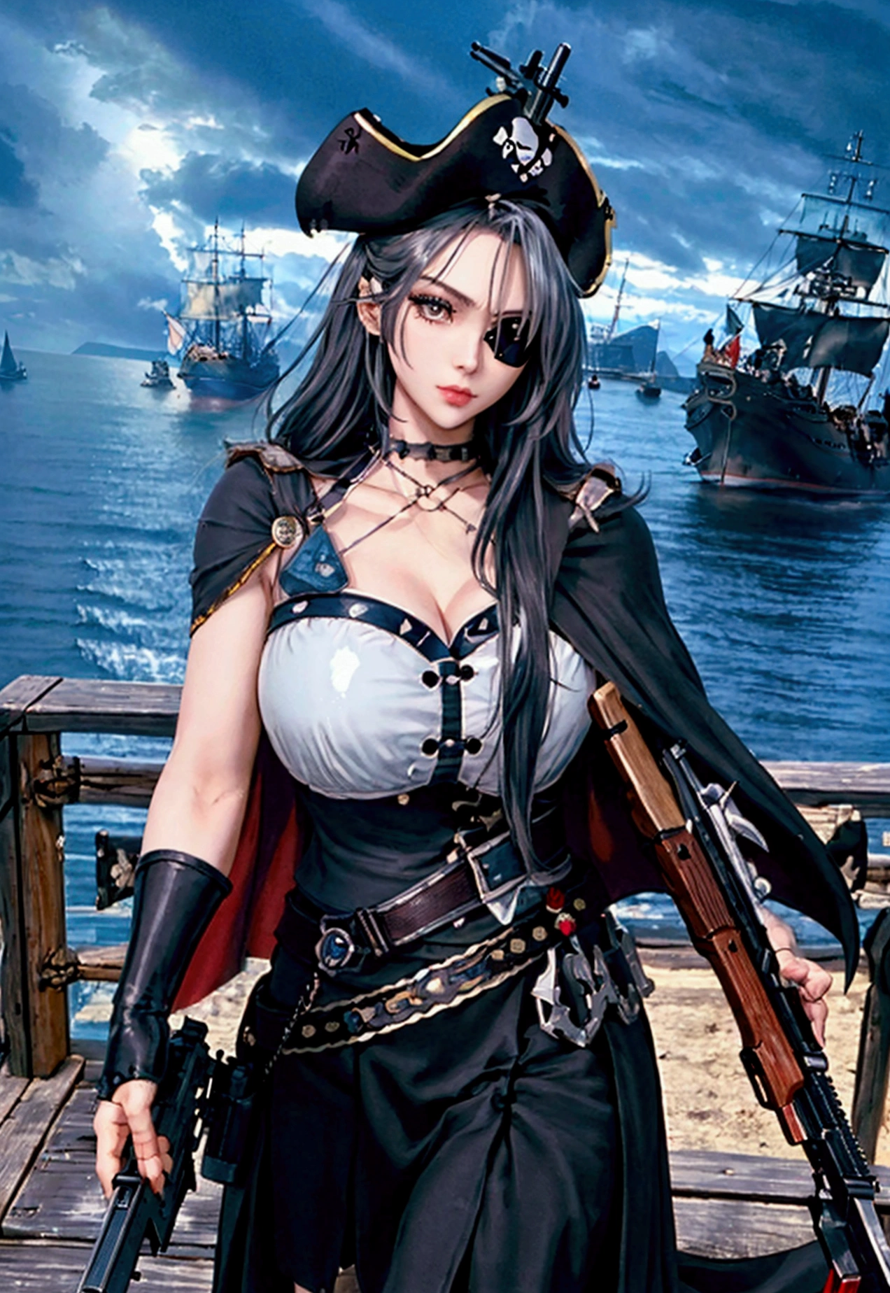 high quality、high resolution、Fine details、pirate、Eye patch、He has a gun,Cape、Medieval maritime landscape