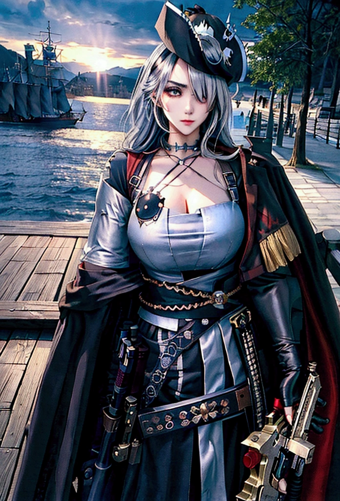 high quality、high resolution、Fine details、pirate、Eye patch、He has a gun,Cape、Medieval maritime landscape