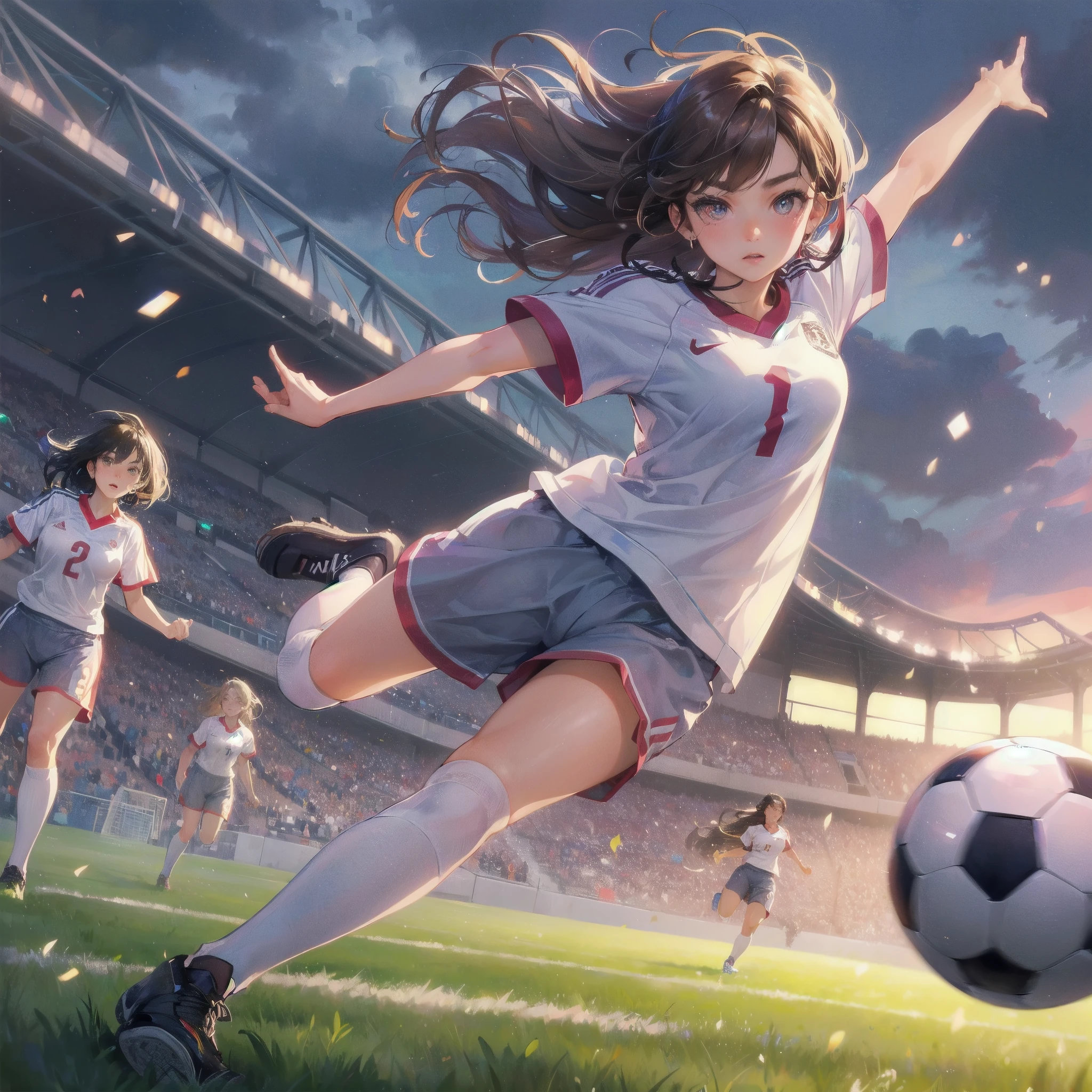 masterpiece, (textured skin), best quality, gorgeous beautiful girl, (a female soccer athlete), detailed clothes,large breasts,narrow waist,, (beautiful face), cinematic lighting, (at soccer venue ),