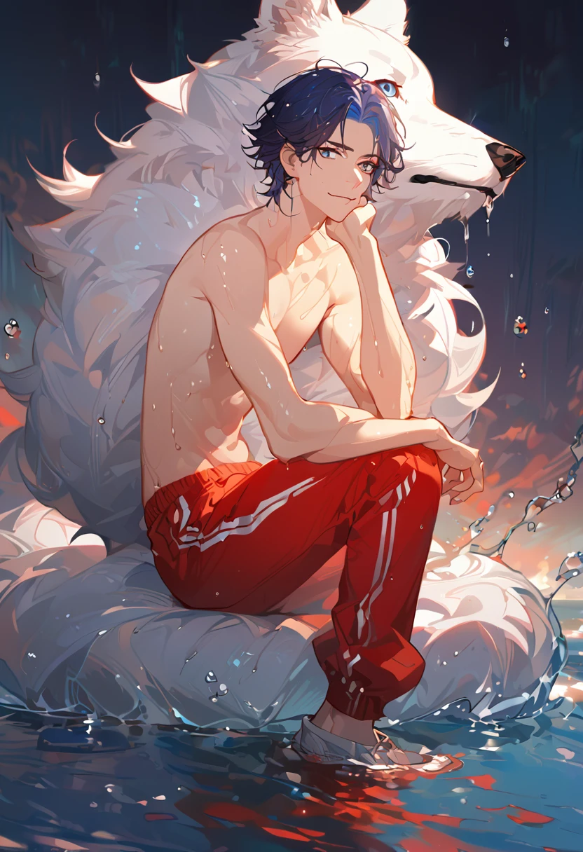 solo, ((male with short dark blue hair with red strip hair and dark blue hair with red gradient), (bare chest), (topless), (muscle), ( jogger pants), (wet), (dripping wet body and hair), (water dripping), (sitting), (one hand rest on the knee), (big white wolf resting on the back)), (bangs), (blue eyes with red gradient), (pale skin), (smirk), ((high quality)), (extremely detailed),8k, 4k, clean line art, detailed line art, resting on the big wolf, white big wolf, simple background, water background, dark background, not bulky, no top clothes, inspired by Asukaziye artist : ask, art style : ask