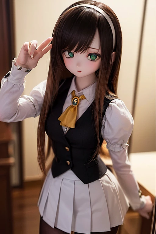 (SFW:2), photorealistic, realistic photo, 8k, ((highest quality)), ((masterpiece)), (extremely detailed), kukolnydom, doll, (mature woman, 21yo, 21 years old, solo:1.6), ((cowboy shot, dynamic pose, slim, slender, skinny, medium breasts, hairband, ascot, vest, shirt, puffy sleeves, pleated skirt, black pantyhose)), (green eyes, brown hair, long hair, plastic skin, looking at another, glass eyes, gradient eyes, shining eyes, detailed eyes:1.3)