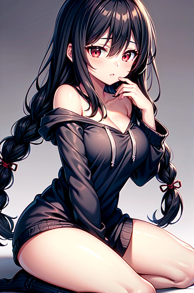 anime, detailed, smooth anime, blunt, CG art, masterpiece, low quality, best quality, 1girl, disheveled hair, focus on face, simple background, long hair, socks, black hair, hair between eyes, calm, oversized hoodie, long bangs, tied hair, braided hair, makima eyes, ribbons in hair, crimson red eyes, large breasts, breasts, perfect face, perfect legs, no pants, full lips, add_detail:-3
