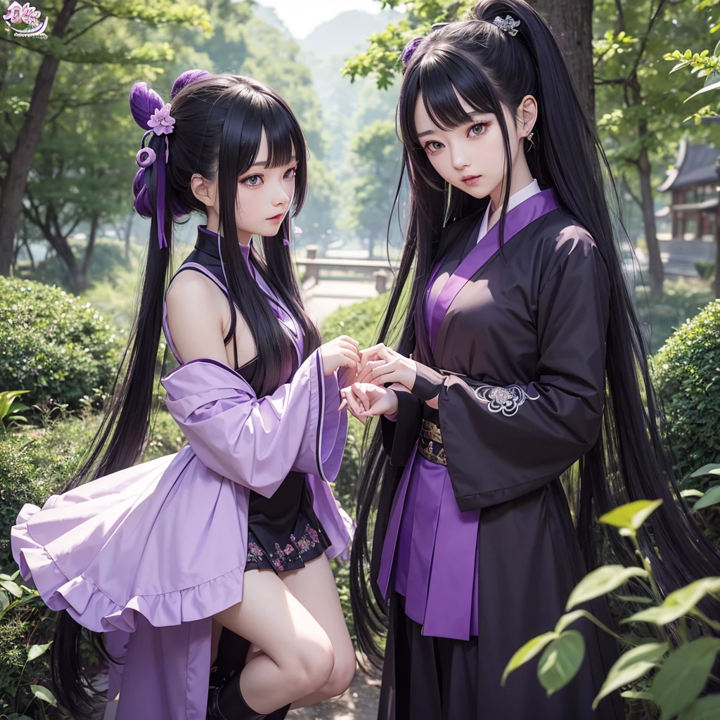 anime girl in a purple and black outfit standing in front of a forest, keqing from genshin impact, zhongli from genshin impact, heise jinyao, ayaka genshin impact, anime moe artstyle, black - haired mage, demon slayer rui fanart, ayaka game genshin impact, yun ling, inspired by Song Maojin