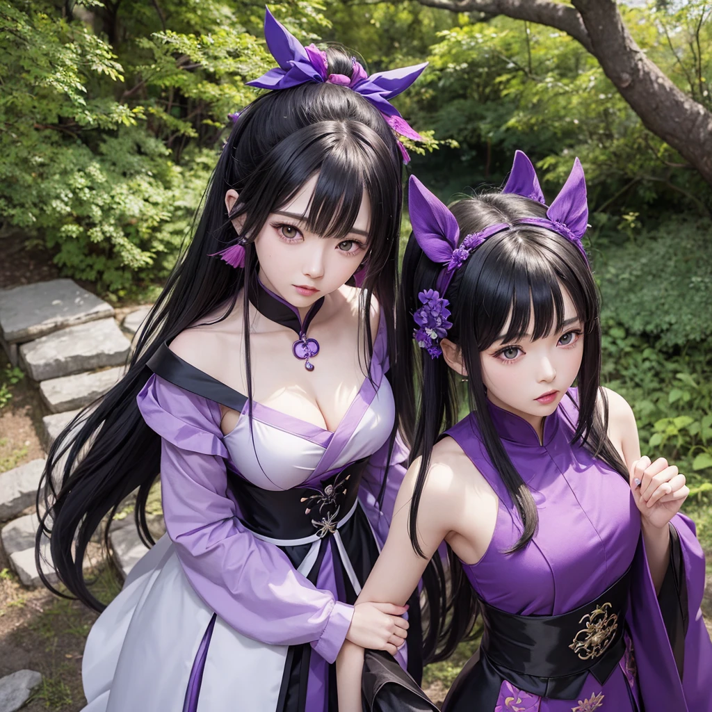 anime girl in a purple and black outfit standing in front of a forest, keqing from genshin impact, zhongli from genshin impact, heise jinyao, ayaka genshin impact, anime moe artstyle, black - haired mage, demon slayer rui fanart, ayaka game genshin impact, yun ling, inspired by Song Maojin
