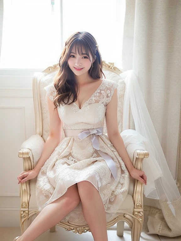 Photo-realistic quality、A 20-year-old Japanese female idol sitting on a chair wearing high heels, Elegant Dresses, Translucent grey dress,  Romantic Dress, Royal elegant pose, Feminine girly dress, Cute and elegant pose, wearing an Elegant Dresses, brocade dress, Japan Fashion Model, Baroque Dress, Wearing a silver dress, Gorgeous Young Japanese Woman、looking at the camera、Detailed and beautiful eyes、Cute smile、Relaxed and gentle expression