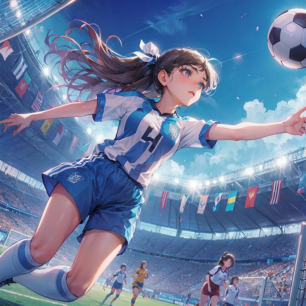  masterpiece, (textured skin), best quality, gorgeous beautiful girl, (a female soccer athlete), detailed clothes,large breasts,narrow waist,, (beautiful face), cinematic lighting, (at soccer venue ),