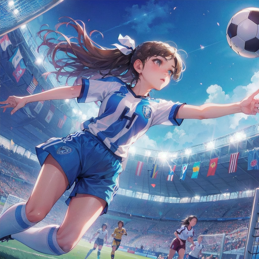  masterpiece, (textured skin), best quality, gorgeous beautiful girl, (a female soccer athlete), detailed clothes,large breasts,narrow waist,, (beautiful face), cinematic lighting, (at soccer venue ),