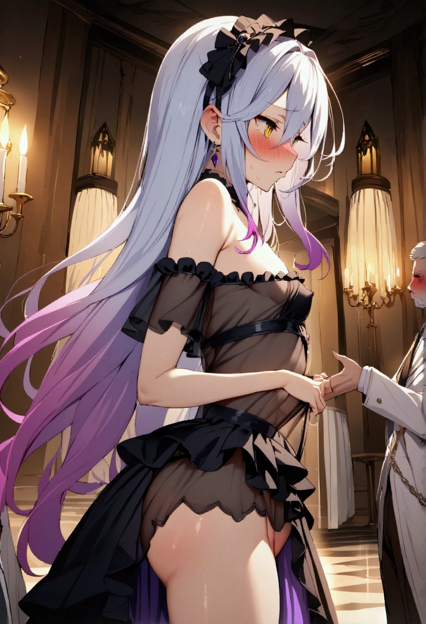 NSFW,masterpiece,Highest quality,High resolution,Very detailed,white\(no game No life\),Long Hair,Multicolored Hair,Hair between the eyes,Gradient Hair,Yellow Eyes,Small breasts,(Gothic Lolita),See-through,Bare shoulders,hair band,flower,slave,Embarrassed,blush,Luxurious mansion,Party Venue,noble,(Middle-aged men),Lead,Being sexually harassed,Being molested,From the side