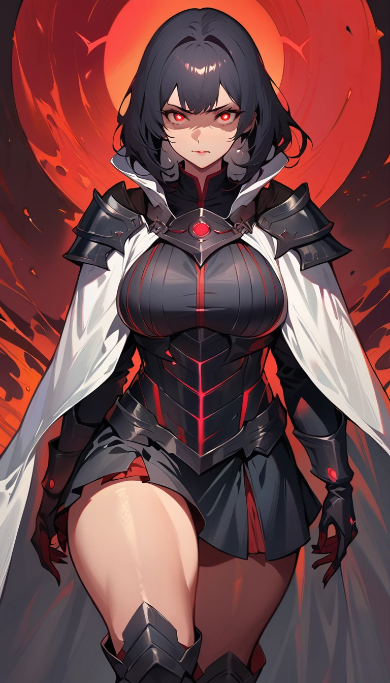 (high quality, 8k, 4K, high contrast, artwork:1.2, high quality, best aesthetics), (centered), ((1 woman)), ??????, sensual, mature body, super detailed, beautiful face detailed, beautiful eyes detailed, detailed beautiful mouth, perfect breats, perfect wide thighs, (black hair), (short black hair), (messy black hair), (red eyes glowing), (serious expression), (black medieval armor), (shoulder pads), (long white cape), (ruffled black skirt), (standing), (looking at the viewer), (piercing gaze), (red sun in the background), (red lighting)
