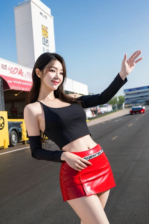 Zent, Highest quality, masterpiece, figure, Realistic, photo-Realistic, wonderful, In detail, Incredibly absurd, Large file size, Very detailed, High resolution, Very detailed CG ユニティ 8k 壁紙, Browsing Caution, close, A race queen with delicate features reminiscent of a popular Korean actress., Fits a slender figure、Accentuate your full bust、Showing off a revealing crop top. Wearing a miniskirt that shows off her toned legs, Thigh-high boots add a touch of glamour, Her long black hair cascades down her shoulders. She stands confidently in a sexy pose next to a stylish race car, She waves with a bright smile, Her perfect skin glows with joy. This close portrayal captures her exquisite beauty in stunning detail, Embodying the epitome of gorgeous Korean beauty.