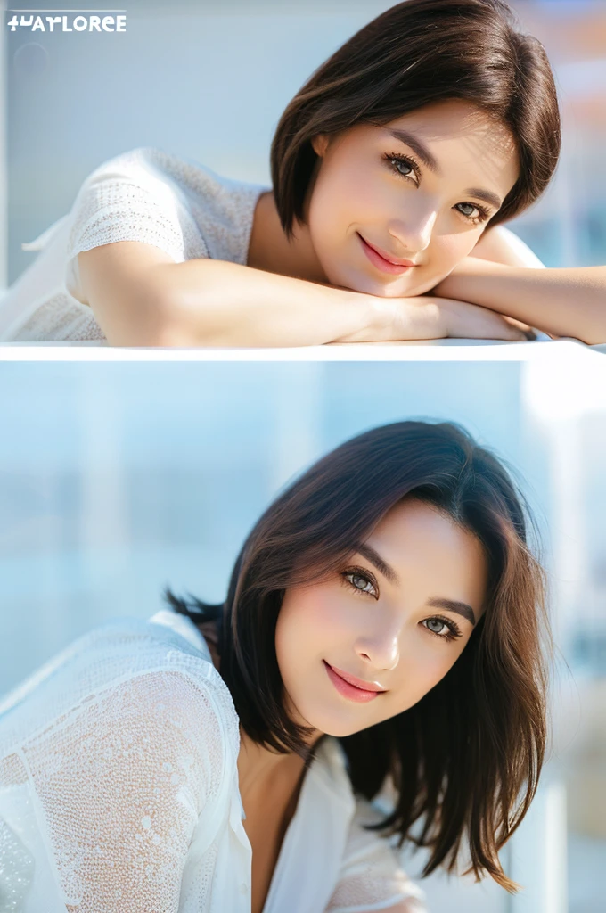 You are a professional glamour photographer..。future、Beautiful Eyes、 ((Highest quality)), Clear contours, Woman with beautiful face, (((One Girl,alone))), ((Beautiful Eyes)), Sex Appeal,Albedo and Specular Maps、Accurate simulation of lightweight material interactions、Thigh shot、Three-dimensional background、Bob Hair、Fully open shirt,smile
