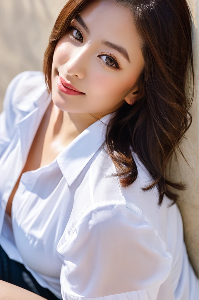 You are a professional glamour photographer..。future、Beautiful Eyes、 ((Highest quality)), Clear contours, Woman with beautiful face, (((One Girl,alone))), ((Beautiful Eyes)), Sex Appeal,Albedo and Specular Maps、Accurate simulation of lightweight material interactions、Thigh shot、Three-dimensional background、Bob Hair、Fully open shirt,smile