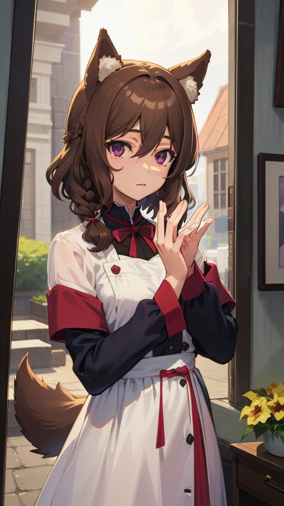 1girl, solo, (masterpiece, best quality:1.4), extremely detailed face, perfect lighting, nice hands, perfect hands, naaza erisuis, naazadef, hair between eyes, dog ears, dog tail, dog girl, brown hair, short hair, braid curly hair, purple eyes, in frame, centered.