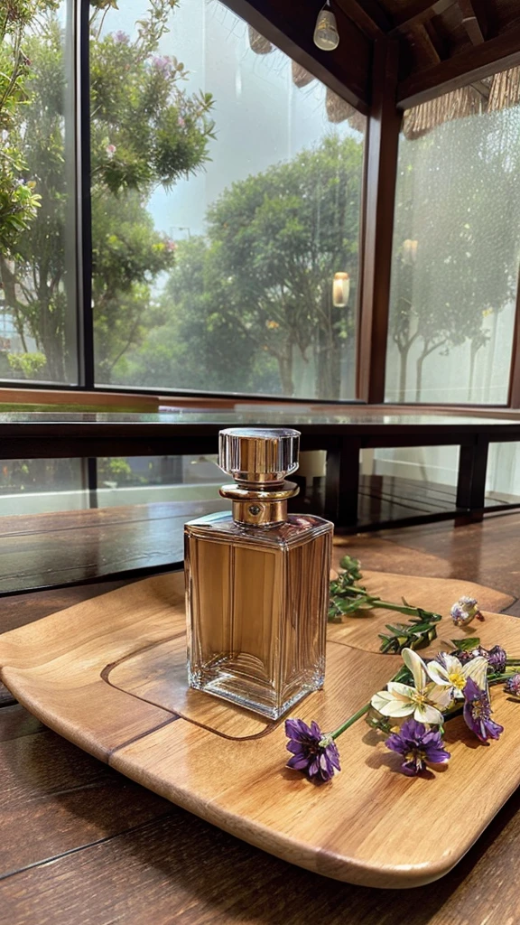 Several bottles of luxury perfumes on a wooden table with many flowers and in the background a plate with aromatic chemicals 