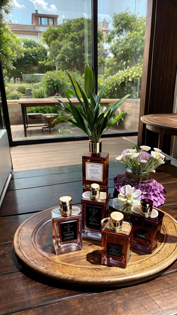 Several bottles of luxury perfumes on a wooden table with many flowers and in the background a plate with aromatic chemicals