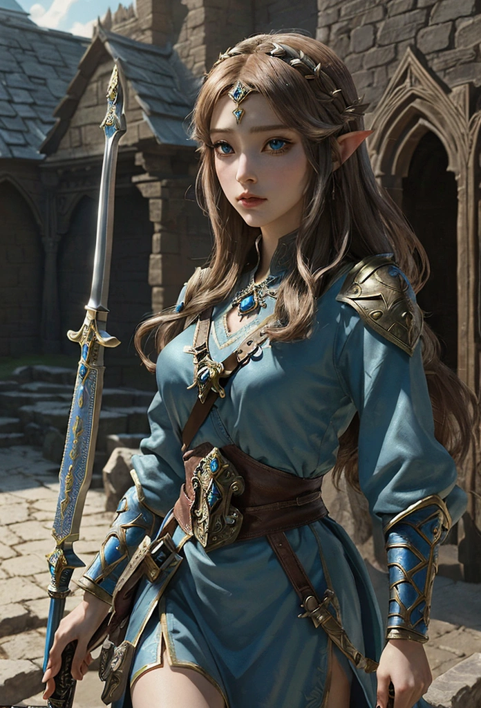 masterpiece, best_quality, 1girl, solo, princess zelda, nintendo, the legend of zelda, albw, extremely detailed face, beautiful detailed eyes, beautiful detailed lips, long eyelashes, medieval, fantasy, medieval fantasy, armor, sword, bow, arrow, castle, outdoor, landscape, dramatic lighting, cinematic, epic, mystical, magical, vibrant colors, fantasy art, concept art
