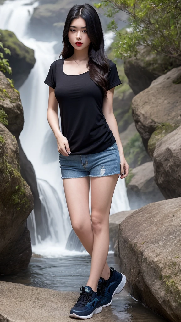 a very cute girl, solo, young, wearing good t-shirts and short pants,medium breast, standing, long hairs, red lips, at camp, realistic face, full body, blue shoes, background waterfall,black hair, pink asesoris