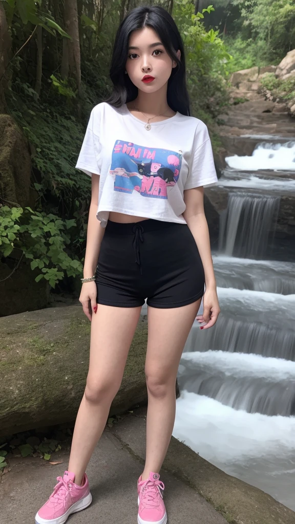 a very cute girl, solo, young, wearing good t-shirts and short pants,medium breast, standing, long hairs, red lips, at camp, realistic face, full body, blue shoes, background waterfall,black hair, pink asesoris