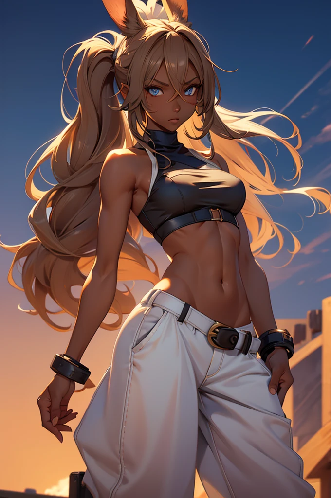 Bunny woman, rabbit woman, baggy pants, belt, blue eyes, tan skinned female, tanned, tan skin, dark skin, long pony tail, light brown hair, midriff, arm wraps,