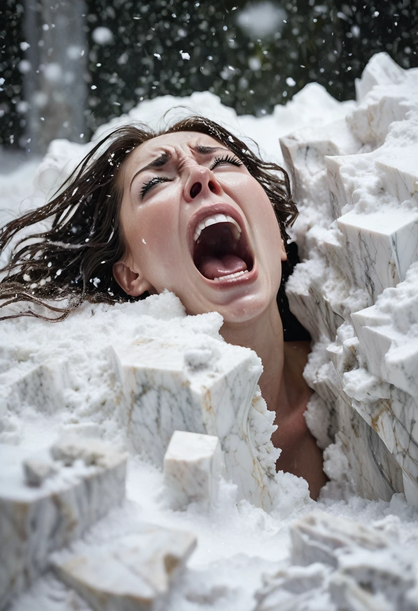 (beautiful screaming nude woman), (eyes open), (terrified expression), (((frightened expression))), (((startled expression))), (((crying))), (((shouting))), (marble face), (face made of marble), (face turning into marble), (head made of marble), (ASFR), (turning into marble), (becoming marble), (lying buried in the snow in a blizzard), ((((half made of marble, half made of flesh)))), side profile
