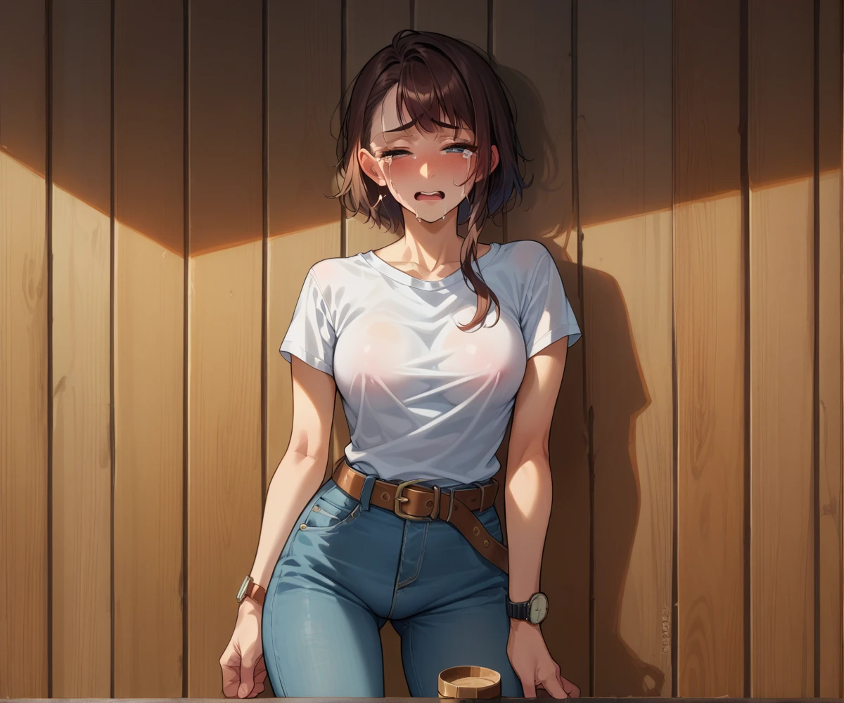 Short sleeve shirt、Denim hot pants、belt、Shyness、Japanese Beauty、Drunk and crying、Standing in front of a wooden wall、watch