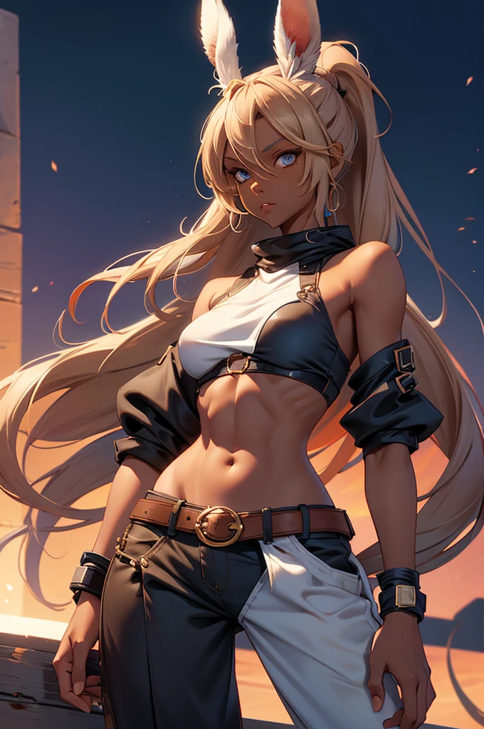 Bunny woman, rabbit woman, baggy pants, belt, blue eyes, tan skinned female, tanned, tan skin, dark skin, long pony tail, light brown hair, midriff, arm wraps,