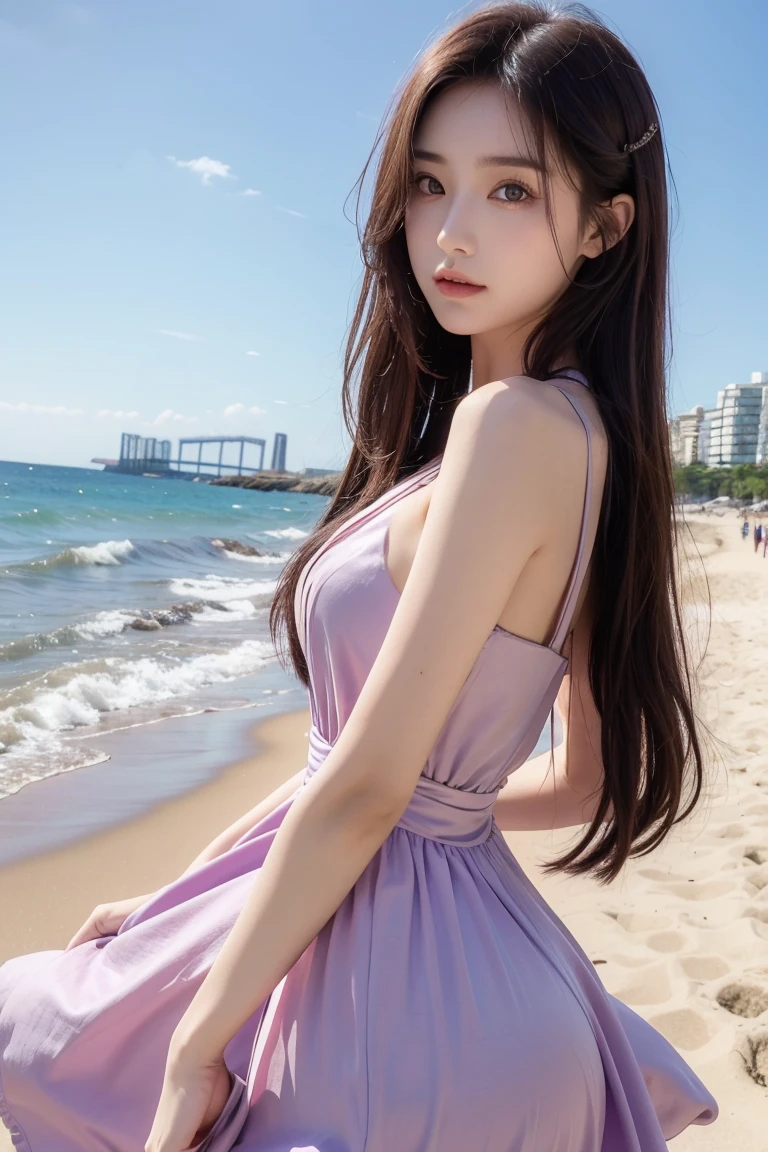 masterpiece, high resolution, best quality, Very detailed, Pink Eyes, Beautiful woman, Purple dress,beach,Long hair