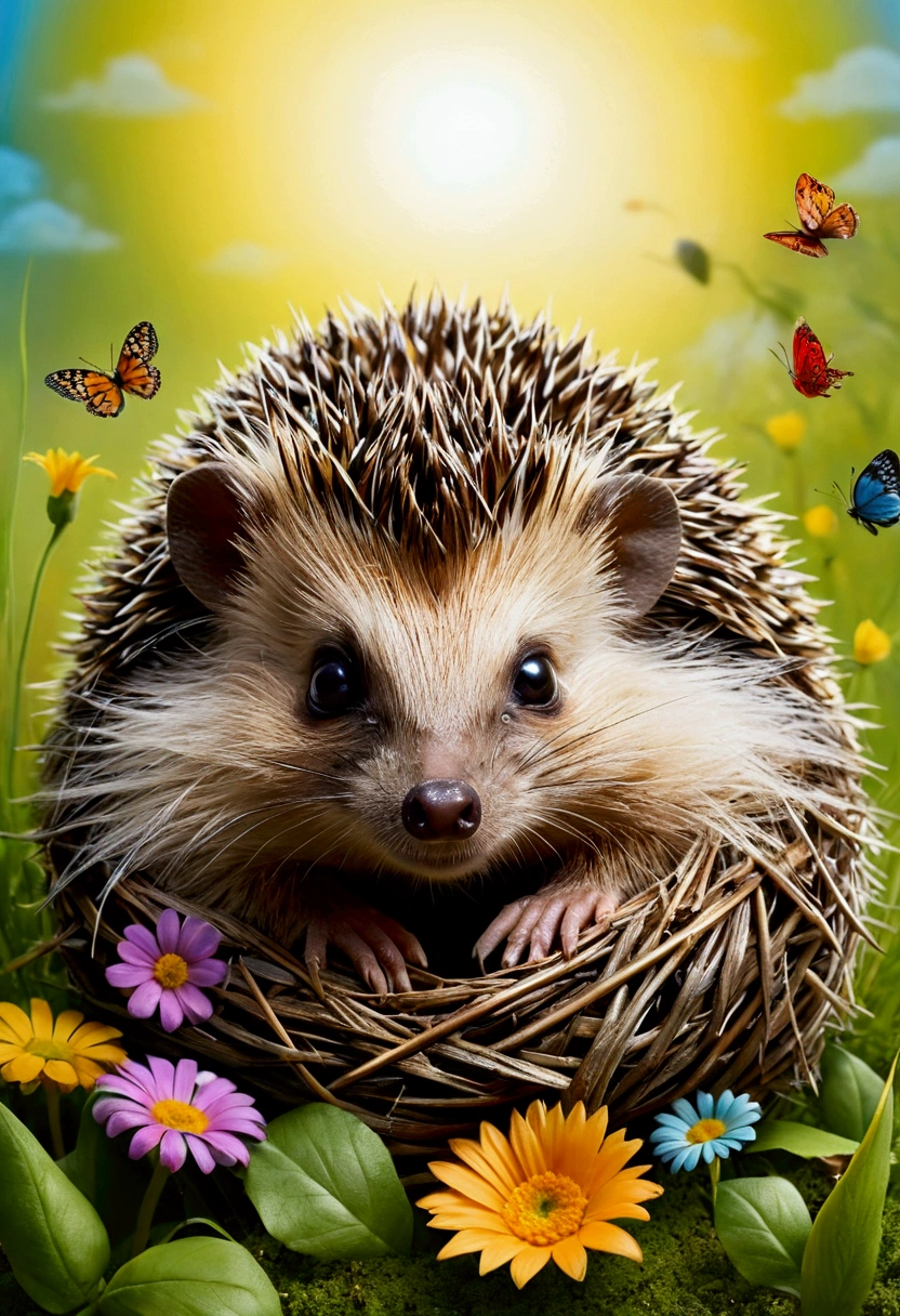 The hedgehog should have a round and chubby body covered with soft, not too spiky quills. A smiling face with big, sparkling eyes and a tiny, pointy nose. Small, round ears on top of its head. The hedgehog can be shown exploring its surroundings, perhaps sniffing a flower or searching for food. Alternatively, the hedgehog could be playfully rolling into a ball or resting comfortably in a cozy nest made of leaves and twigs. Place the hedgehog in a bright and cheerful meadow with green grass, colorful flowers, and a few small, friendly insects like ladybugs or butterflies. Add a background with soft, rolling hills, a blue sky, and a shining sun. Include a few playful elements such as the hedgehog playing with a small ball or a few bubbles floating in the air around it.Use vibrant and warm colors to make the scene inviting and joyful. The overall atmosphere should be happy and fun, perfect for capturing the imagination of children. children style