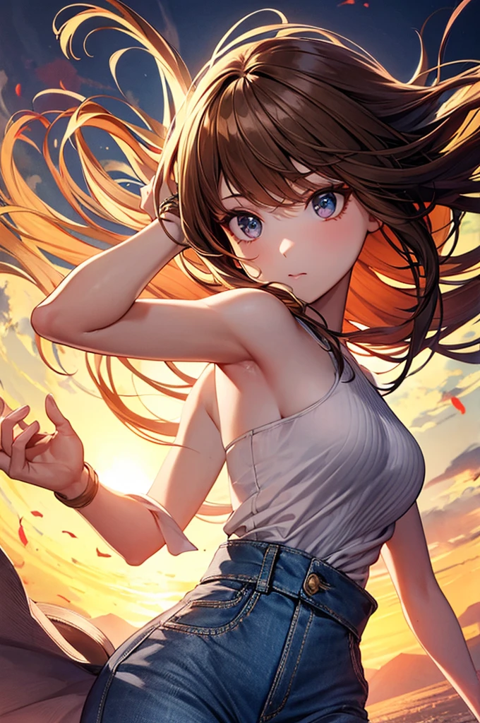 masterpiece, Highest quality, 1 girl, Brunette Hair, Exposing shoulders, Long Hair, dress, Denim Shot, Dynamic pose, Dynamic Angle,