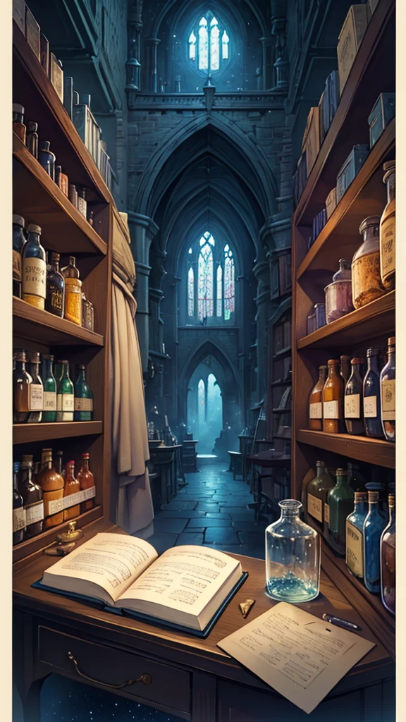 Watercolor,Low saturation,A bottle containing a starry sky,night,Fantasy,fantasy,mystery,dream,A shelf lined with magical potion bottles,Book,fountain pen,Hogwarts