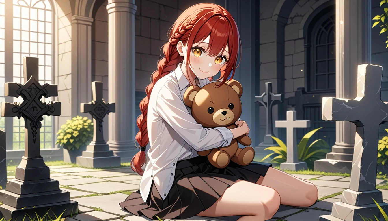 hand, hand, long hair, รอยsmile, smooth, small breasts, (yellow eyes:1.2), braid, red hair, braided ponytail, big eyes,นั่วHug a teddy bear,sexy,full body,Sitting position,Hug a teddy bear,smile,flirt,grave background,ผี
Take a break shirt, long sleeve, white shirt, dress shirt, skirt, black skirt, It&#39;s official., suit, black nightie, lady,
Take a break (Masterpiece:1.2), best quality, high resolution, Harmony wallpaper 8K, (illustration:0.8), (Beautifully detailed eyes:1.6), Very detailed face, perfect lighting, The CG is very detailed., (handที่สมบูรณ์แบบ, perfect anatomy), 