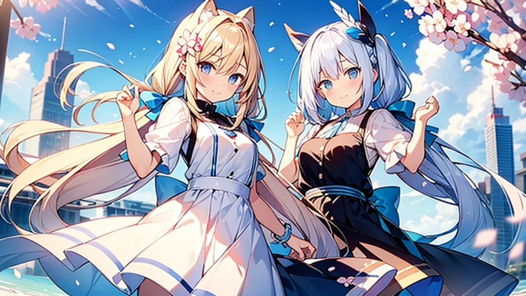 Are standing.Tabletop, Highest quality,shape, wallpaper, Very detailed, A ridiculously beautiful sky, 1, blonde,Two-tone hair,Blue inner color hair, Very detailed and beautiful eyes , Hair blowing in the wind、:○、Small Head、Bright blue sky、(Panorama:1.5),Hearts are drawn in the eyes,Twin tail hairstyle,beautiful girl,pretty girl,smile,look up,Large Breasts,White and light blue ruffle dress,Gal,Raise your arms,She has two blue hairpins in her hair.、Cherry blossom petals fluttering