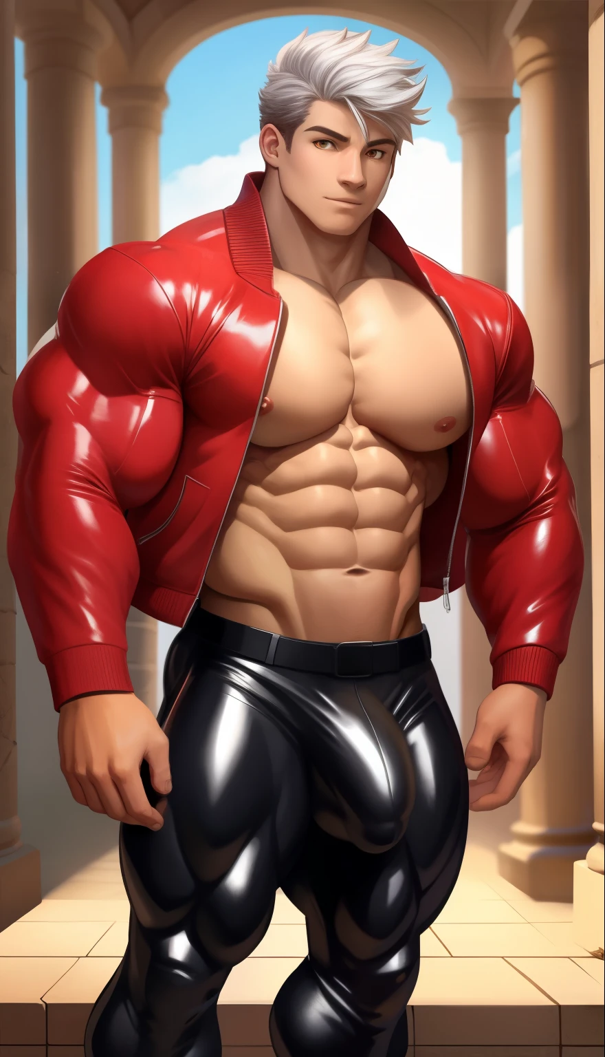 (((Back))) A  (Young face) 15 ynager (15 ye very attrstanding, full body. Mexican ethnicity. tanned skin, silver white hair, short hair bangs that fall on both sides of his youthful face. carefree expression, young man, alone, marked muscles, beautiful musculature, aesthetic stretch marks, inspiring physique, slender muscles, square pecs, beautiful V-cone, excellent abs and torso, chiseled abs, pectorals chiseled, perfect massive muscles, inflated muscles, voluminous pectorals, massive muscular body, a huge gigantic chest with a narrow waist, huge shoulders, ridiculously well-shaped large pecs, eight chiseled abs, (very toned and huge) with his military haircut and voluminous neck, narrow waist, golden eyes, young face, beautiful, young. Teen muscular young bodybuilder wittraordinary and firm back, chiseled muscles, rhomboid muscles, latissimus dorsi. Gigachad. He wears a red leather jacket (RED JACKET) that reaches the height of his ribs and is open. (Bare torso) and tight black latex pants, big bulge in the crotch, he does not use a belt. He is shirtless under his red jacket, which highlights his prominent abs and pectorals. He doesn't wear a belt. His muscles stand out. Ruins of greek temple background. Standing, full body. (((Back))) huge, firm and muscular thighs, round buttocks and round butt with back, hugeirm buttocks)) with butt. (((black latexnts))) (((Euscular torso. Open jacket.))) 