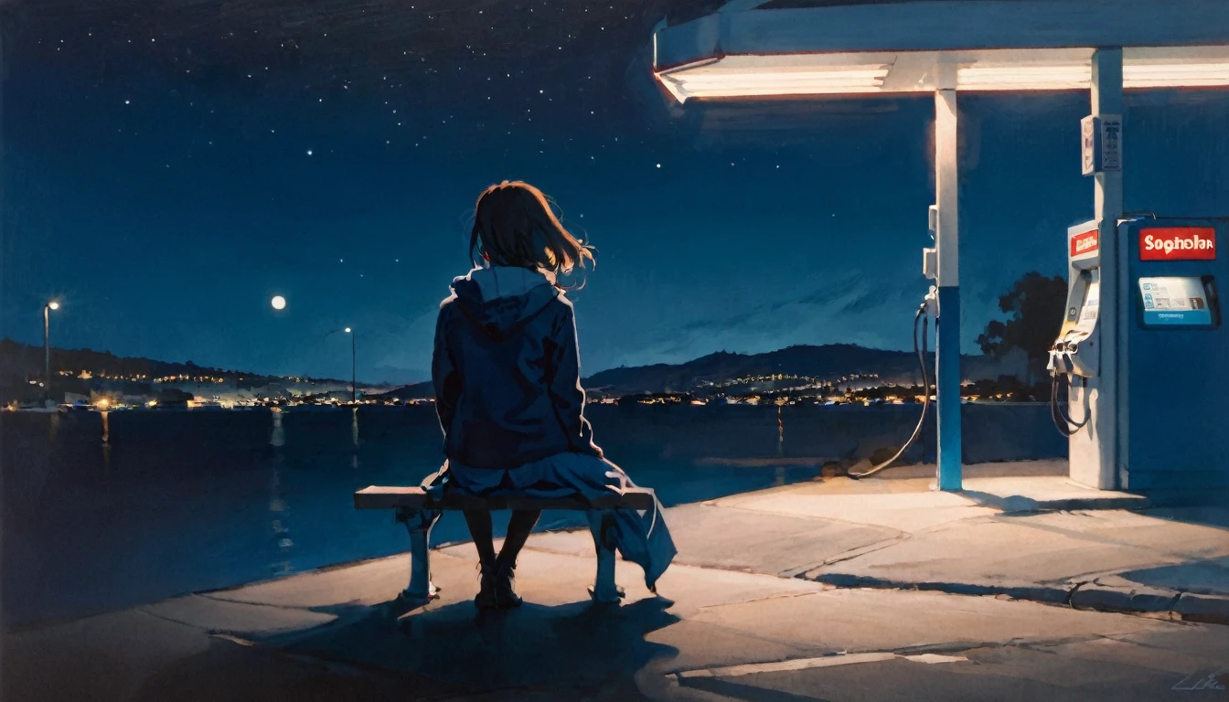 score_9, score_8_superior, score_7_superior, By Lela, A girl sitting on a bench looking at the night view, Sitting at a gas station, dark, at night, View from behind, Spotlight on the girl, Illuminated by street lights, blue, dark, peaceful, masterpiece.
