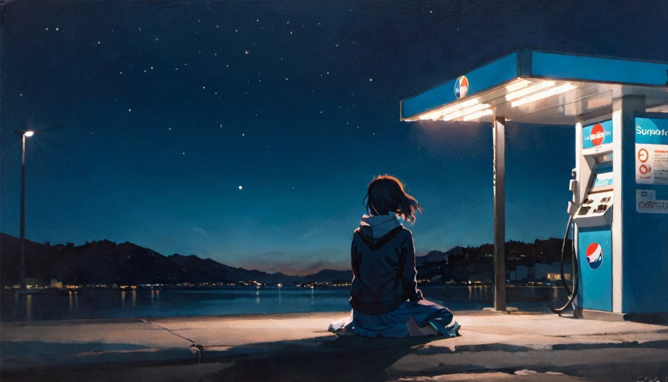 score_9, score_8_superior, score_7_superior, By Lela, A girl sitting on a bench looking at the night view, Sitting at a gas station, dark, at night, View from behind, Spotlight on the girl, Illuminated by street lights, blue, dark, peaceful, masterpiece.
