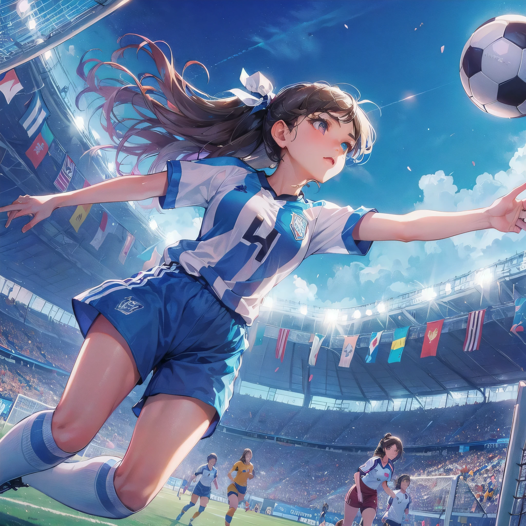  masterpiece, (textured skin), best quality, gorgeous beautiful girl, (a female soccer athlete), detailed clothes,large breasts,narrow waist,, (beautiful face), cinematic lighting, (at soccer venue ),