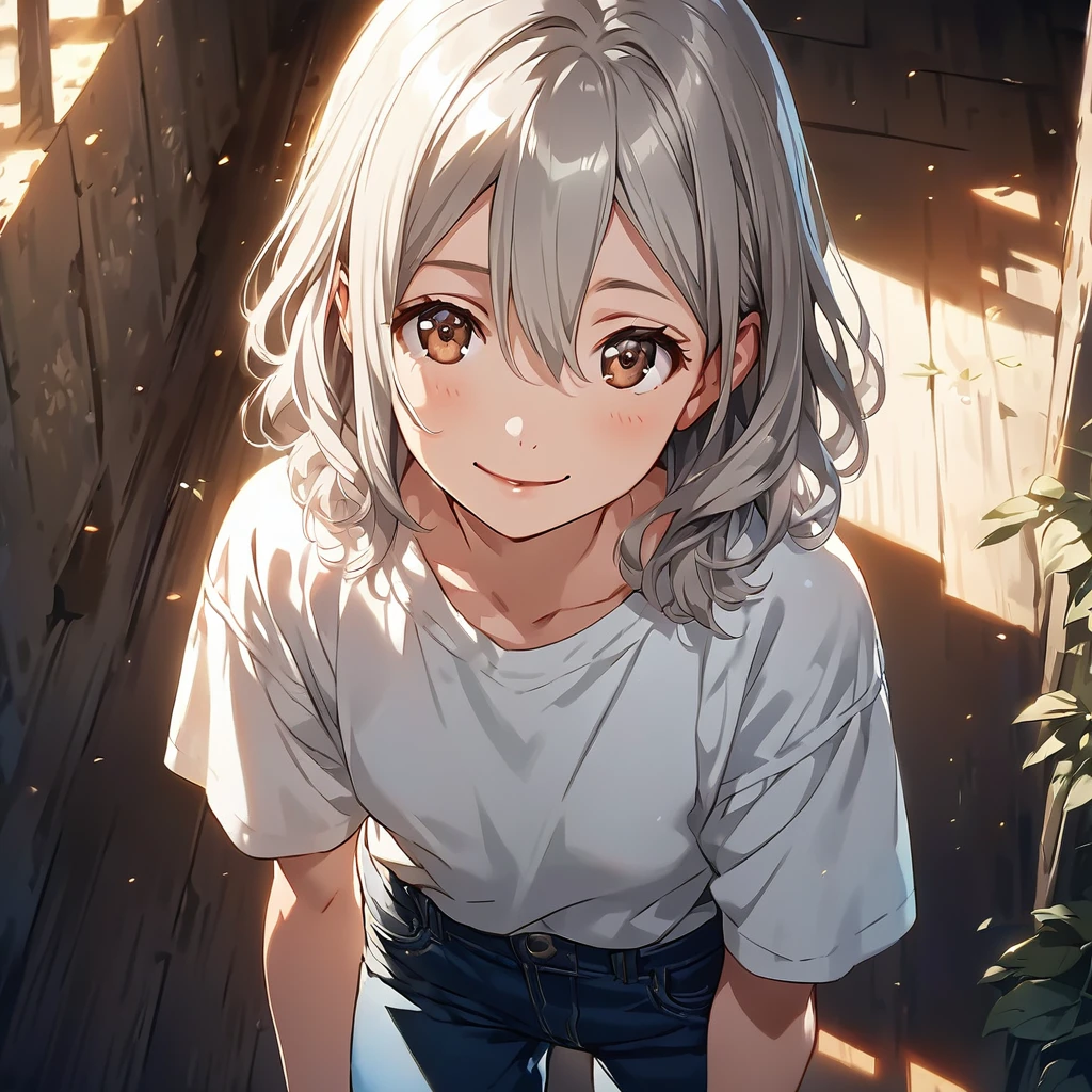 (Cute a girl:1.5), (a girl with silver middle hair, Hair between the eyes, brown eyes, white T-shirt.jeans pants:1.4), anime visual, (tilt head:1.3), realistic lighting and shading, (an extremely delicate and beautiful art:1.3),cowboy shot,smilng,