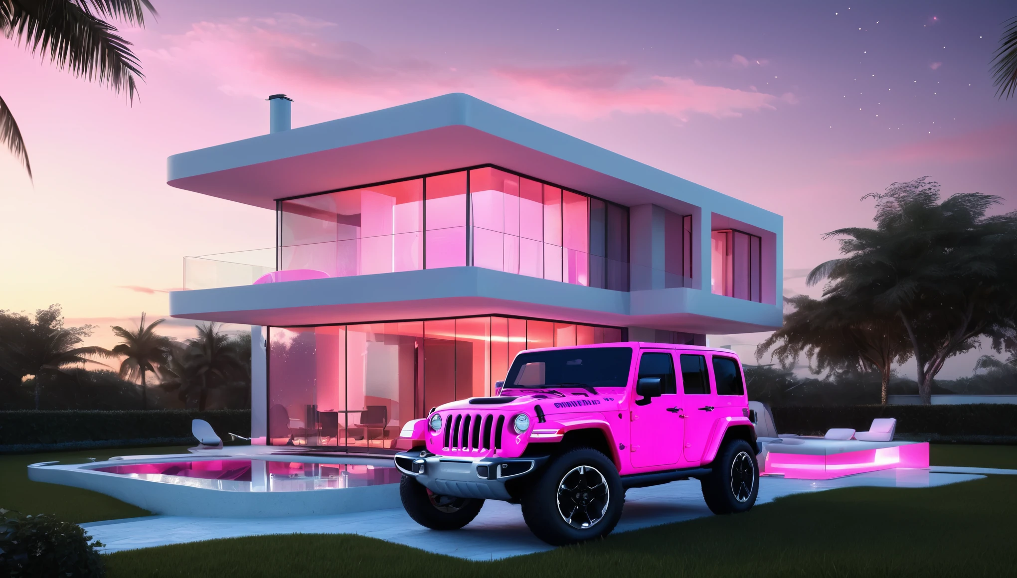 a futuristic house with a floresent hot pink jeep wrangler parked in front of it, cgsocietywlop, beautiful curves, intricate devilish designs, qualia, interesting shapes & form, wow factor, elaborate polished, bioluminescent, colorfull, glow, fluid, architectural rendering, miami, orange soft lighting in interior of house, futuristic battlefield, inspired by James E. Brewton, precise architectural rendering