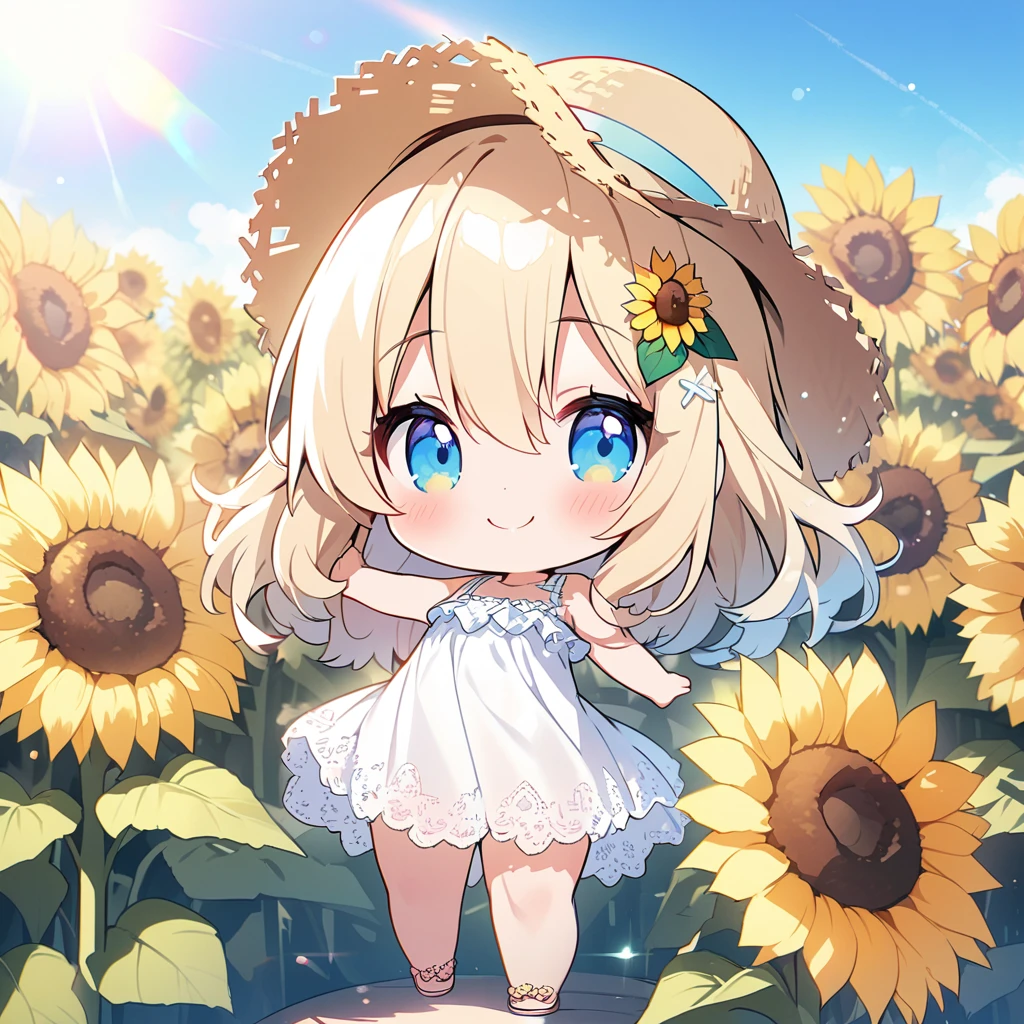 masterpiece, best quality, 4k、2D illustration, one beautiful girl, solo、(((chibi style)))、((vivid colors))、cute chibi, lovely chibi、((colorful))、cute pose, ((long beautiful hair)), glossy light blonde hair, hair between eyes, cute, beautifully detailed eyes、((lacy white summer dress))、((straw hat))、((hibiscus hair ornament)), flip-flops, ((happy smile))、((full body shot))、((sunflower field))、((gentle breeze))、((blue sky))、sunbeam, white light, ((lens flare)), ((high color saturation)),