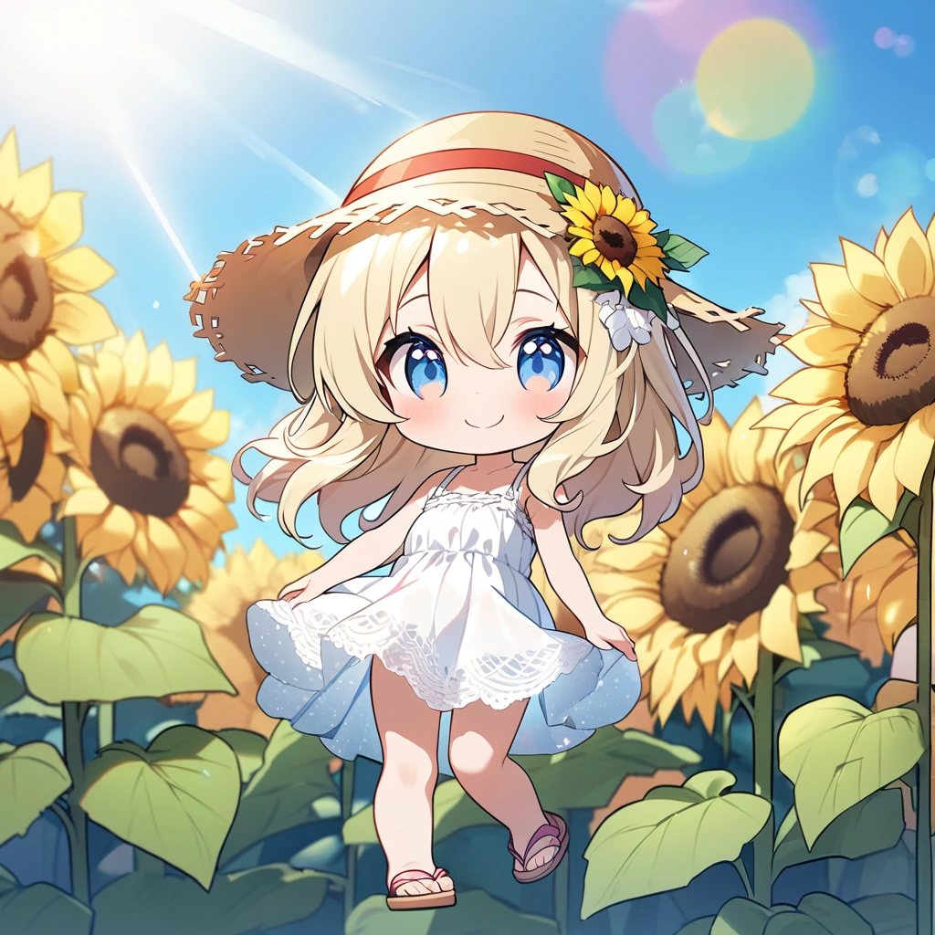 masterpiece, best quality, 4k、2D illustration, one beautiful girl, solo、(((chibi style)))、((vivid colors))、cute chibi, lovely chibi、((colorful))、cute pose, ((long beautiful hair)), glossy light blonde hair, hair between eyes, cute, beautifully detailed eyes、((lacy white summer dress))、((straw hat))、((hibiscus hair ornament)), flip-flops, ((happy smile))、((full body shot))、((sunflower field))、((gentle breeze))、((blue sky))、sunbeam, white light, ((lens flare)), ((high color saturation)),