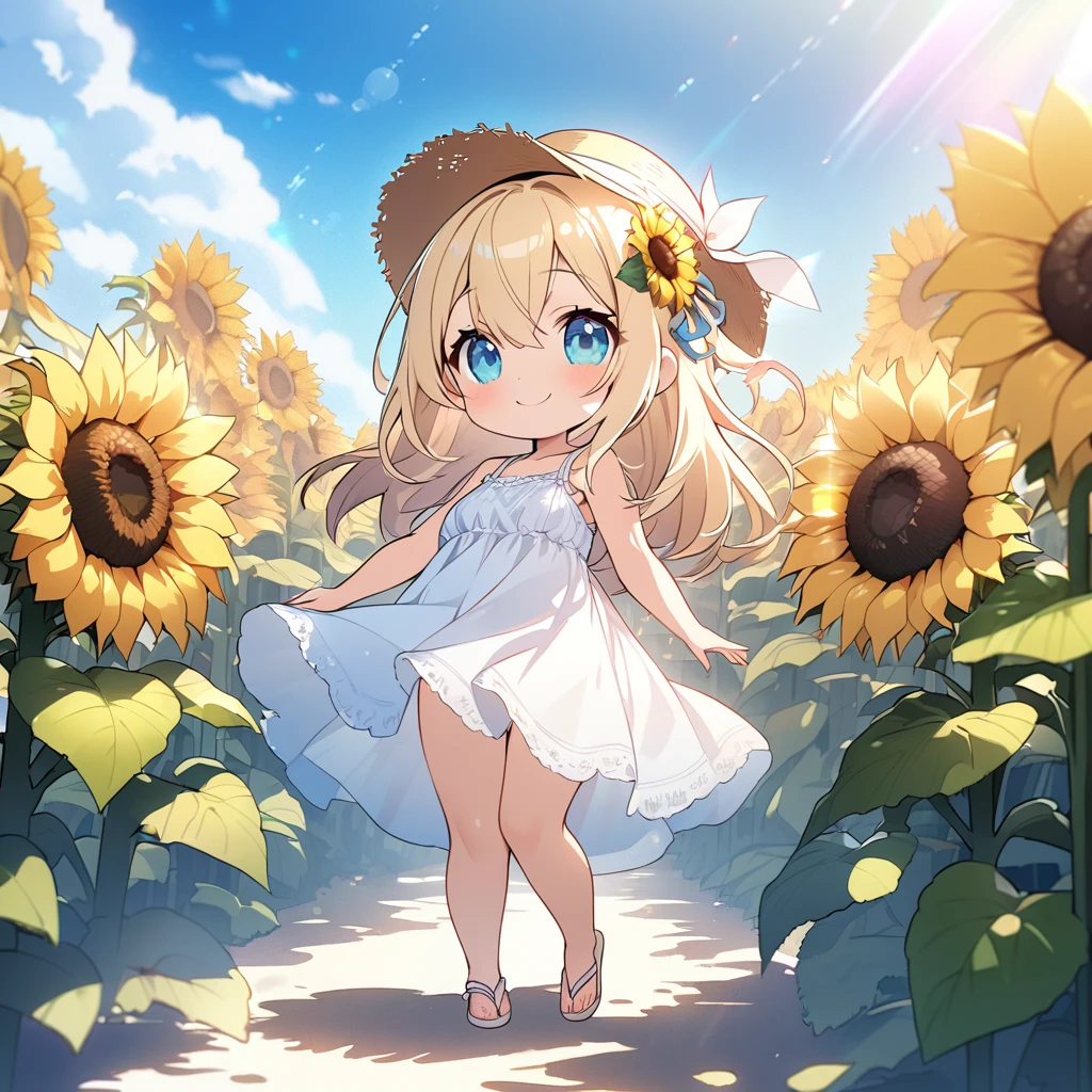masterpiece, best quality, 4k、2D illustration, one beautiful girl, solo、(((chibi style)))、((vivid colors))、cute chibi, lovely chibi、((colorful))、cute pose, ((long beautiful hair)), glossy light blonde hair, hair between eyes, cute, beautifully detailed eyes、((lacy white summer dress))、((straw hat))、((hibiscus hair ornament)), flip-flops, ((happy smile))、((full body shot))、((sunflower field))、((gentle breeze))、((blue sky))、sunbeam, white light, ((lens flare)), ((high color saturation)),